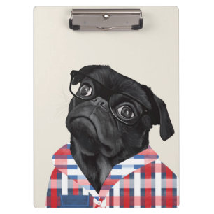 Niedlicher Schwarzer Mops Hund mit Brille und Karo Klemmbrett