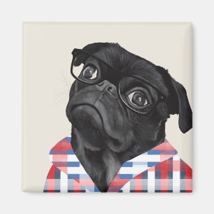 Niedlicher Schwarzer Mops Hund mit Brille und Karo Magnet