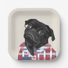 Niedlicher Schwarzer Mops Hund mit Brille und Karo Pappteller