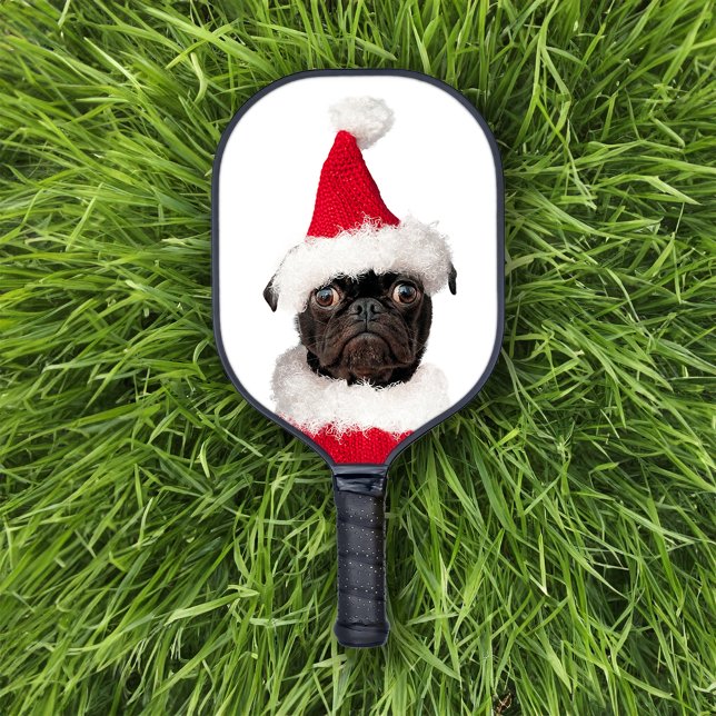 Niedlicher Schwarzer Mops in der Weihnachtsmannmüt Pickleball Schläger (Cute Christmas Santa Pug Pickleball Paddle)