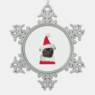 Niedlicher Schwarzer Mops in der Weihnachtsmannmüt Schneeflocken Zinn-Ornament
