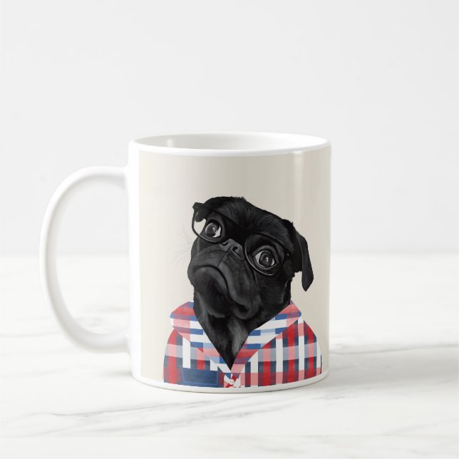 Niedlicher Schwarzer Mops mit Brille und Shirt Kaffeetasse (Links)