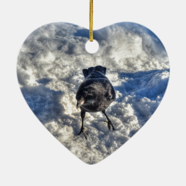 Niedlicher Schwarzer Rabe im Schnee-Foto Keramik Ornament (Hinten)