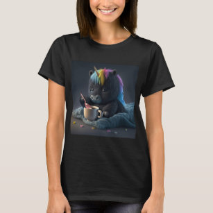 Niedlicher schwarzer Regenbogen-Einhorn-T - Shirt