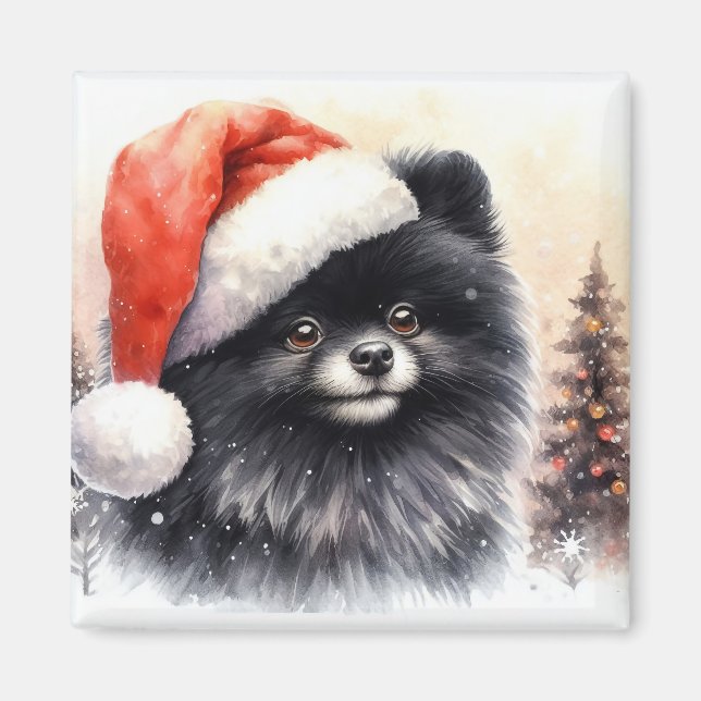 Niedlicher Schwarzer Spitz Weihnachten Magnet (Vorne)