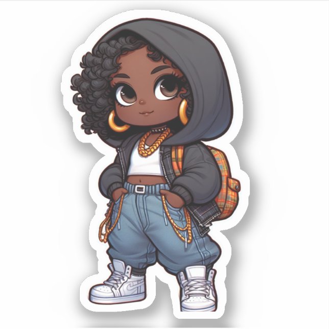 niedlicher, schwarzer Streetstyle-Chibi Aufkleber (Vorderseite)