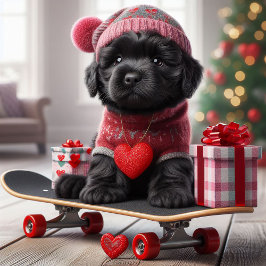 Niedlicher Schwarzer Welpe auf Skateboard Funny Va Feiertagskarte