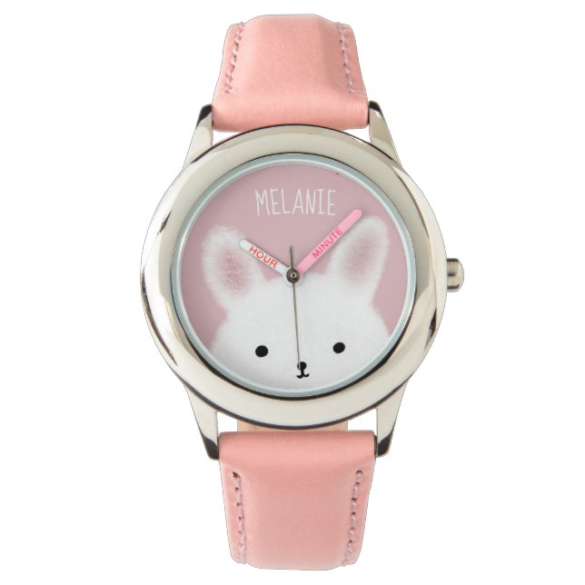 Niedlicher Schwindel Bunny Pink Personalisiert Armbanduhr (Vorderseite)