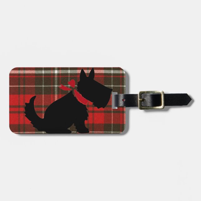 Niedlicher Scotty Hund u. roter Tartan Gepäckanhänger (Vorderseite horizontal)