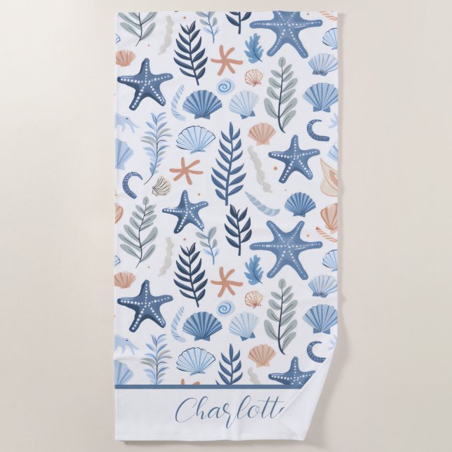 Niedlicher Seashell Starfish Personalisierter Name Strandtuch (Vorderseite)
