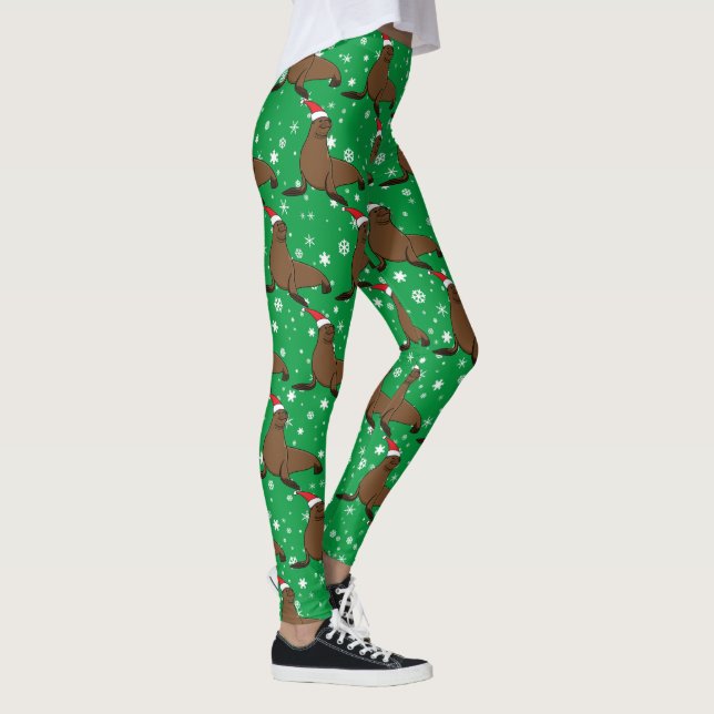 Niedlicher Seelöwe in der Weihnachtsmannmütze Weih Leggings (Rechts)