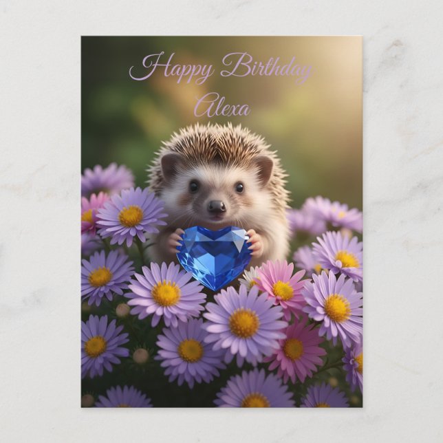Niedlicher September-Igel mit Saphirherz Postkarte (Vorderseite)