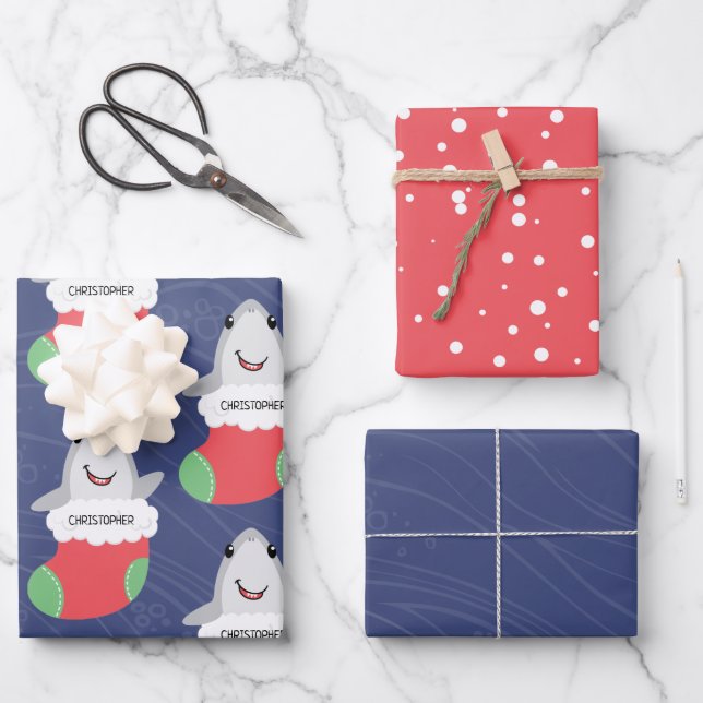 Niedlicher Shark Weihnachts-Strumpf Geschenkpapier Set (Vorderseite)