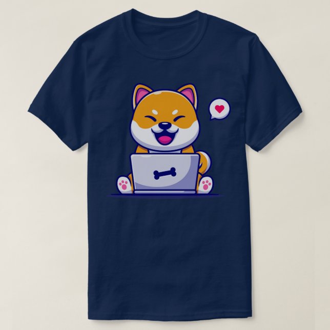 Niedlicher Shiba Inu Hund, der auf Laptop-Cartoon1 T-Shirt (Design vorne)