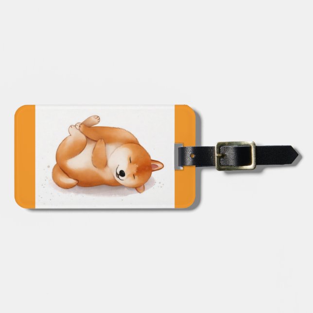 niedlicher shiba inu Welpe liegt auf der Rückseite Gepäckanhänger (Vorderseite horizontal)