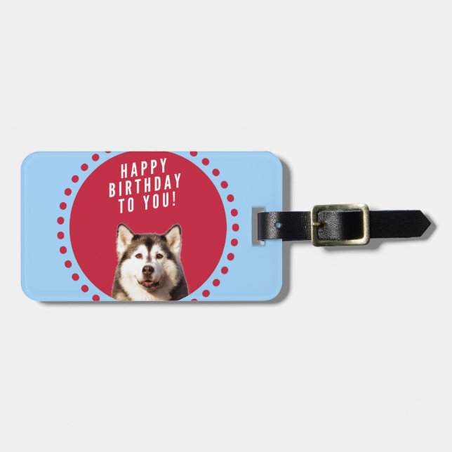 Niedlicher sibirischer Husky Happy Geburtstag blau Gepäckanhänger (Vorderseite horizontal)