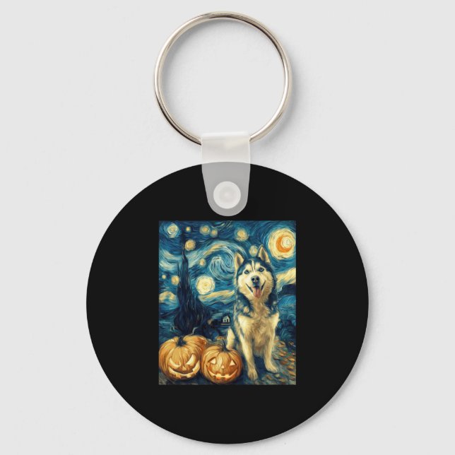 Niedlicher sibirischer Husky Hund Halloween Kürbis Schlüsselanhänger (Vorderseite)