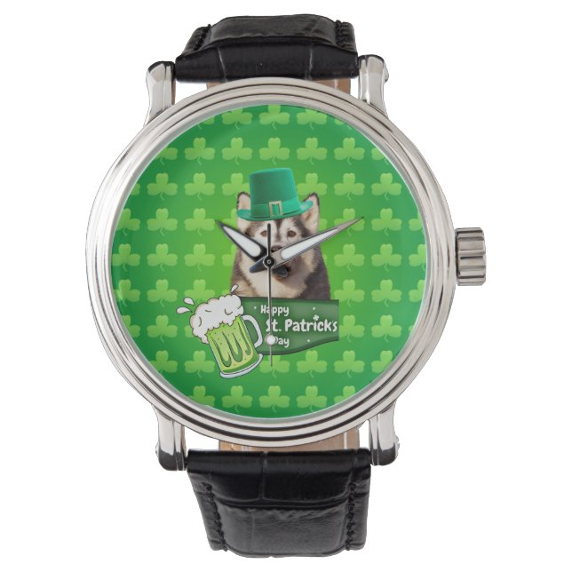 Niedlicher sibirischer Husky-Hund Hund St. Patrick Armbanduhr (Vorderseite)