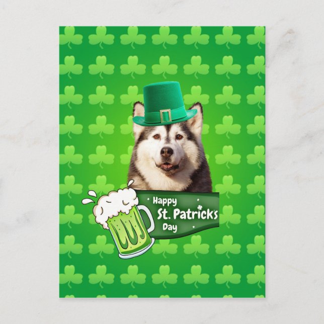 Niedlicher sibirischer Husky-Hund Hund St. Patrick Postkarte (Vorderseite)