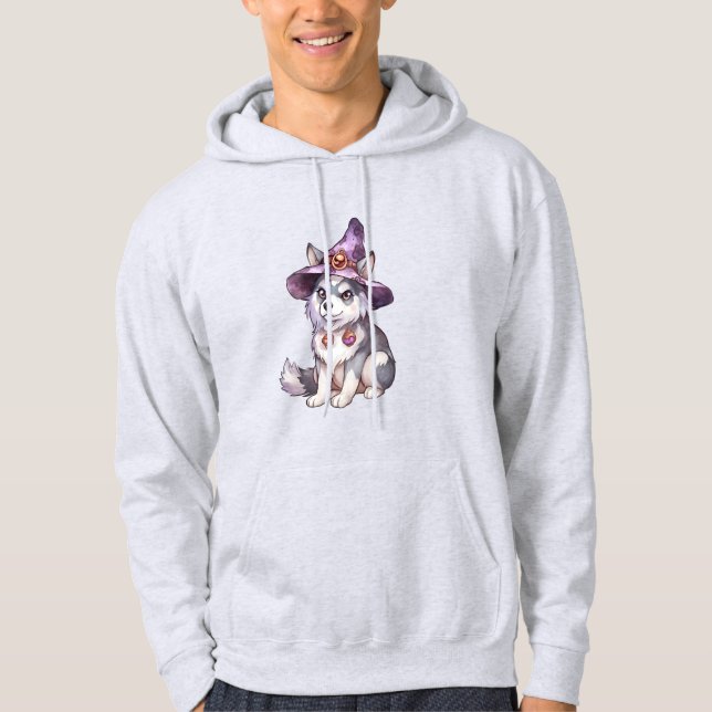 Niedlicher sibirischer Husky-Hund in Hexenhut Hoodie (Vorderseite)