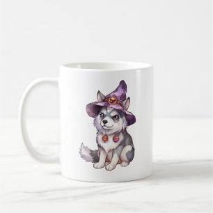 Niedlicher sibirischer Husky-Hund in Hexenhut Kaffeetasse