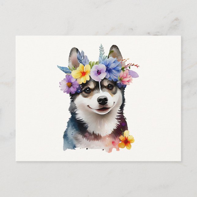 Niedlicher sibirischer Husky-Hund mit Blume Postkarte (Vorderseite)