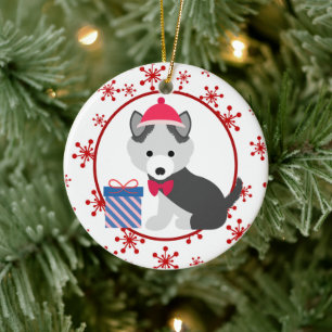 Niedlicher sibirischer Husky-Welpe-Snowflake Keramik Ornament