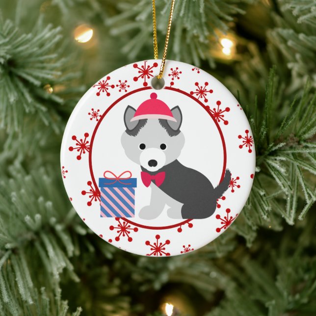 Niedlicher sibirischer Husky-Welpe-Snowflake Keramik Ornament (Baum)