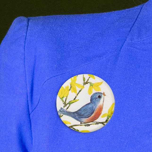 Niedlicher Singing Blue Bird Tree Button (Pretty red blue bird on branch with pretty yellow flowers on textured white pin back button.)