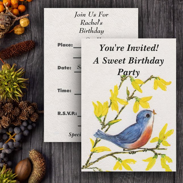 Niedlicher Singing Blue Bird Tree Einladung (Cute blue red bird on branch yellow flowers on white party invitations.)