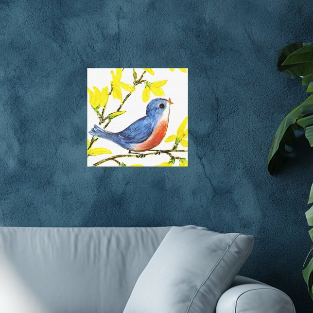 Niedlicher Singing Blue Bird Tree Leinwanddruck (Little singing blue and red bird on branch yellow flowers faux textured white canvas art print.)