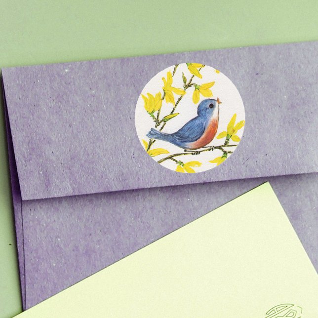 Niedlicher Singing Blue Bird Tree Runder Aufkleber (Little red blue singing bird on branch with yellow flowers on white round sticker.)