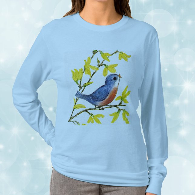 Niedlicher Singing Blue Bird Tree T-Shirt (Pretty blue red bird on branch with bright yellow flowers on woman's long sleeve shirt.)