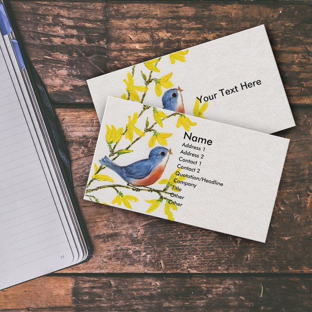 Niedlicher Singing Blue Bird Tree Visitenkarte (Cute spring time red blue bird on branch yellow flowers on white business card.)