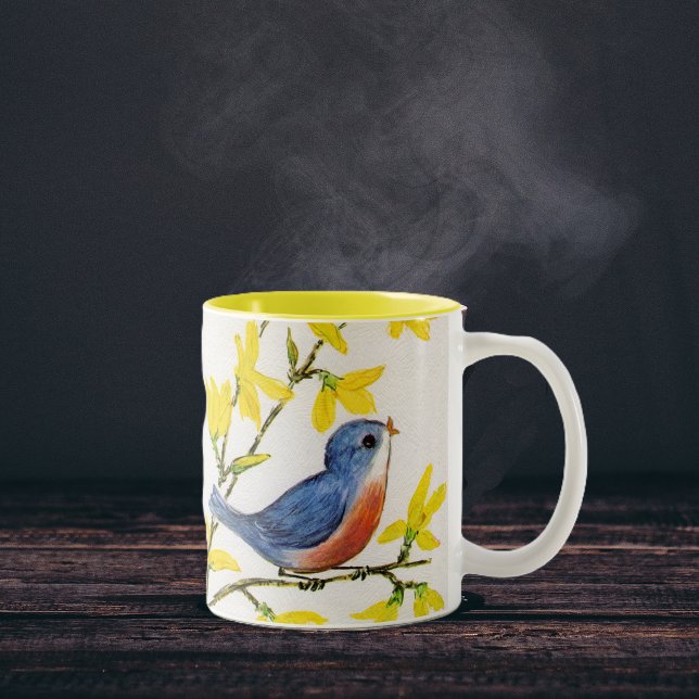 Niedlicher Singing Blue Bird Tree Zweifarbige Tasse (Cute blue red bird on branch yellow flowers on faux textured white coffee or tea mug.)