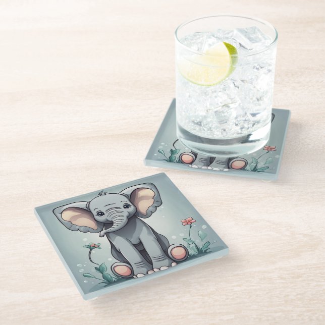 Niedlicher SitzElefant Glasuntersetzer (Schrägansicht)