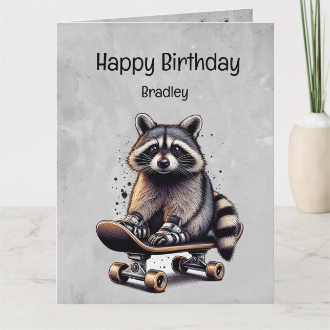 Niedlicher Skateboarding Raccoon Fun Animal Birthd Karte (Vorderseite)