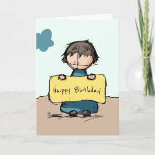 Niedlicher Sketch-Junge mit Sign Happy Birthday Karte