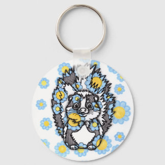 Niedlicher Skunk mit blauen Blumen rundem Schlüsse Schlüsselanhänger