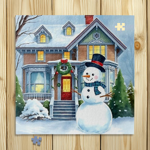 Niedlicher skurriler Schneemann im Vorgarten Weihn Puzzle