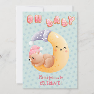 Niedlicher Sleepy Bär auf der Mond Girl Babydusche Einladung