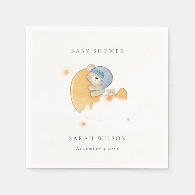 Niedlicher Sleepy Blue Bear Over Moon Boy Baby Dus Serviette (Vorderseite)