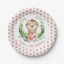 Niedlicher Sloth Blush Pink Floral Girl's Name Geb Pappteller