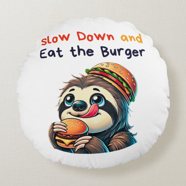 Niedlicher Sloth Burger Cartoon Fast Food Rundes Kissen (Vorderseite)