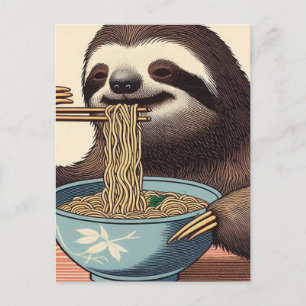 Niedlicher Sloth Eating Ramen Woodblock Print Postkarte
