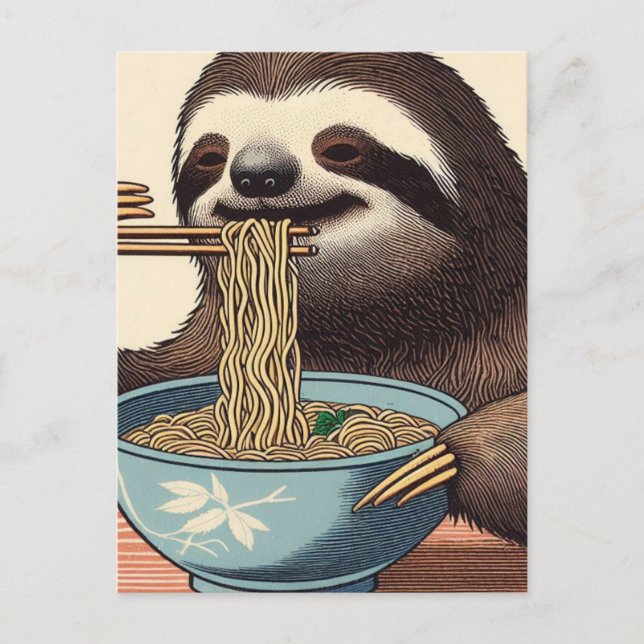 Niedlicher Sloth Eating Ramen Woodblock Print Postkarte (Vorderseite)