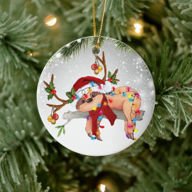 Niedlicher Sloth Jungle Wildtiere Weihnachtsmannmü Keramik Ornament (Baum)