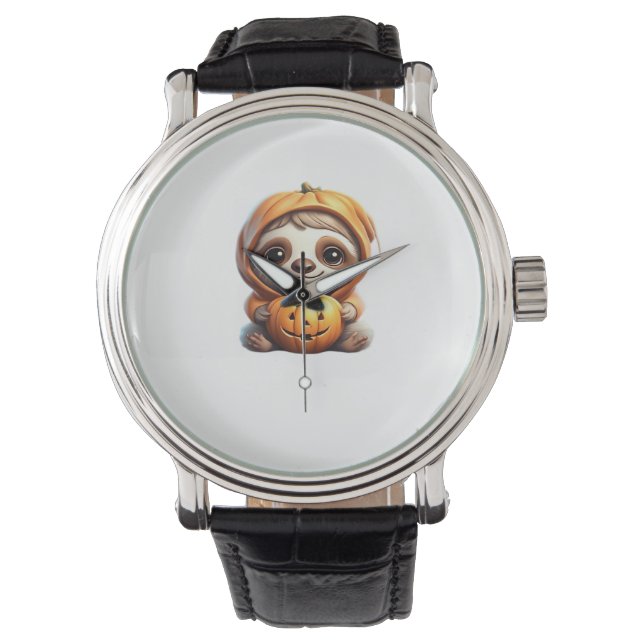 Niedlicher Sloth mit Pumpkin Halloween Cartoon Vec Armbanduhr (Vorderseite)
