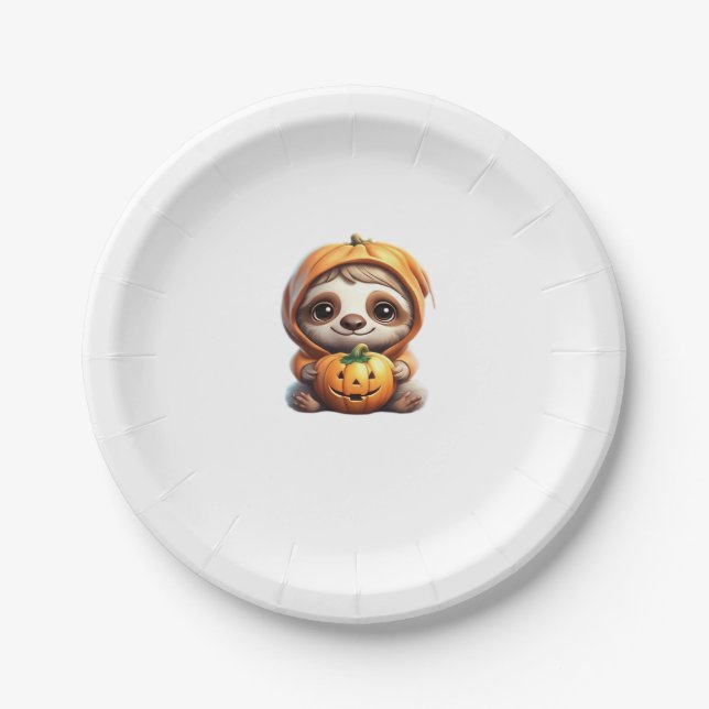 Niedlicher Sloth mit Pumpkin Halloween Cartoon Vec Pappteller (Vorderseite)