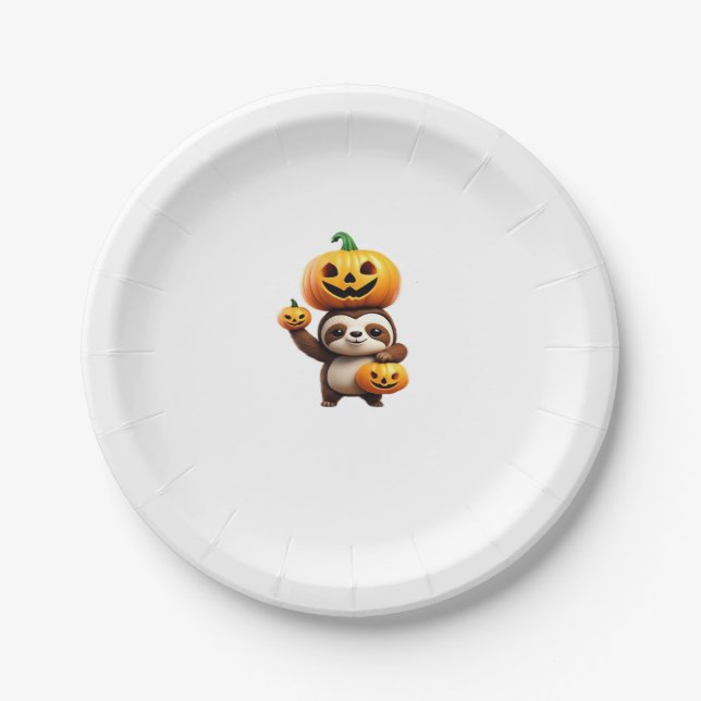 Niedlicher Sloth mit Pumpkin Halloween Cartoon Vec Pappteller (Vorderseite)
